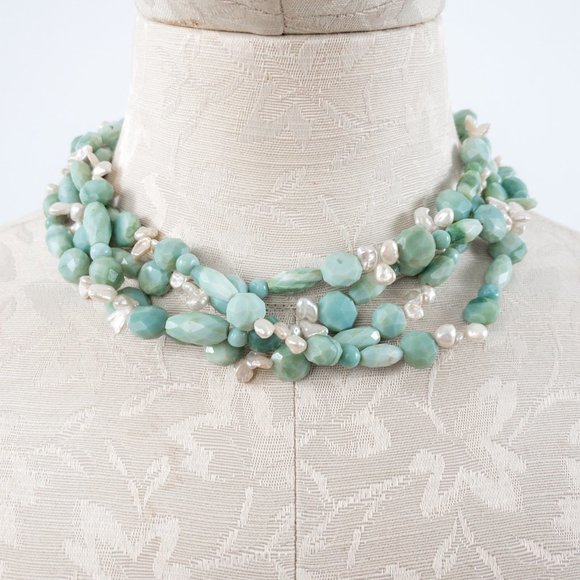 Real Amazonite Quartz & Pearl Multi-strand Necklace  Choker Green Blue Turquoise - Picture 1 of 6